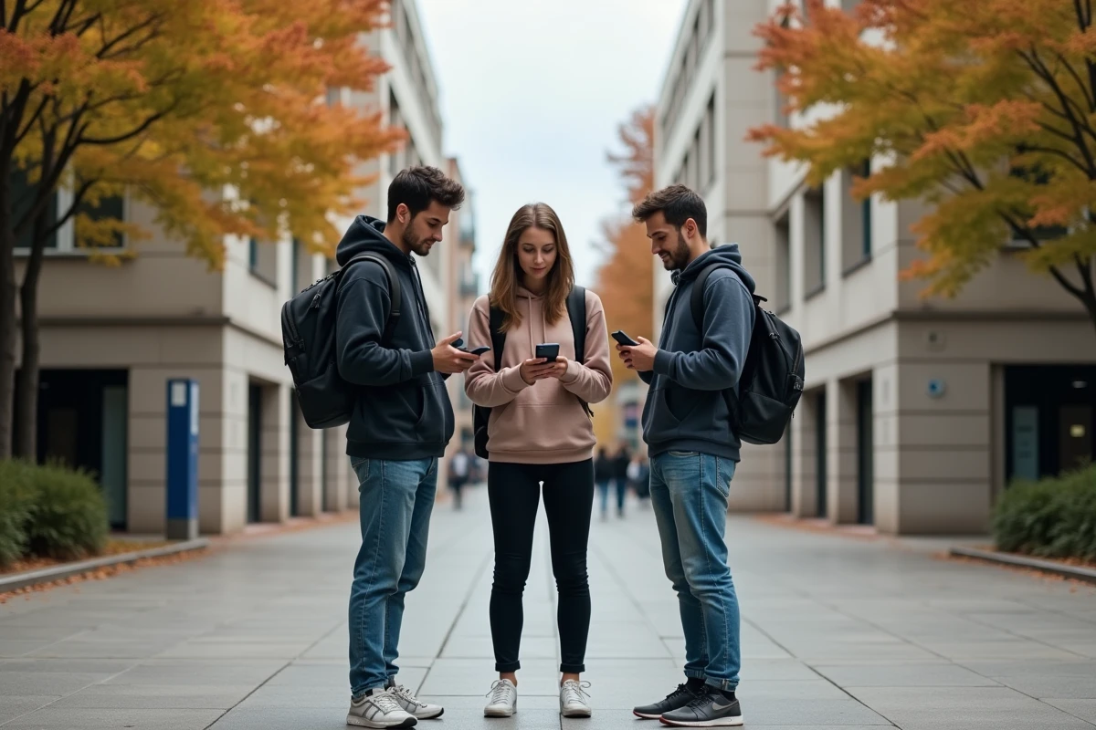 Groupe d'étudiants devant le campus universitaire de Toulouse consultant le plan du métro