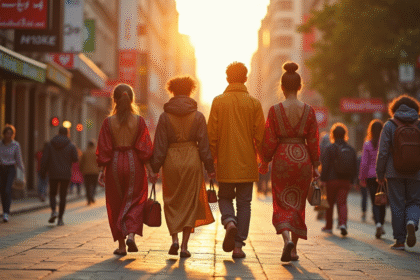 Groupe de jeunes en mode traditionnel moderne en ville