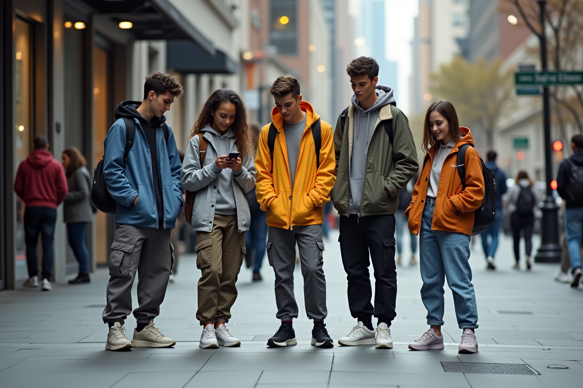 Groupe de jeunes en streetwear tendance 2025 sur un trottoir urbain