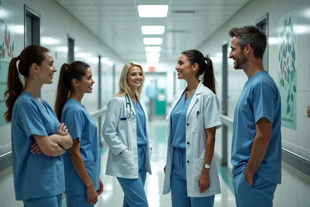 Groupe de professionnels de santé dans un couloir d