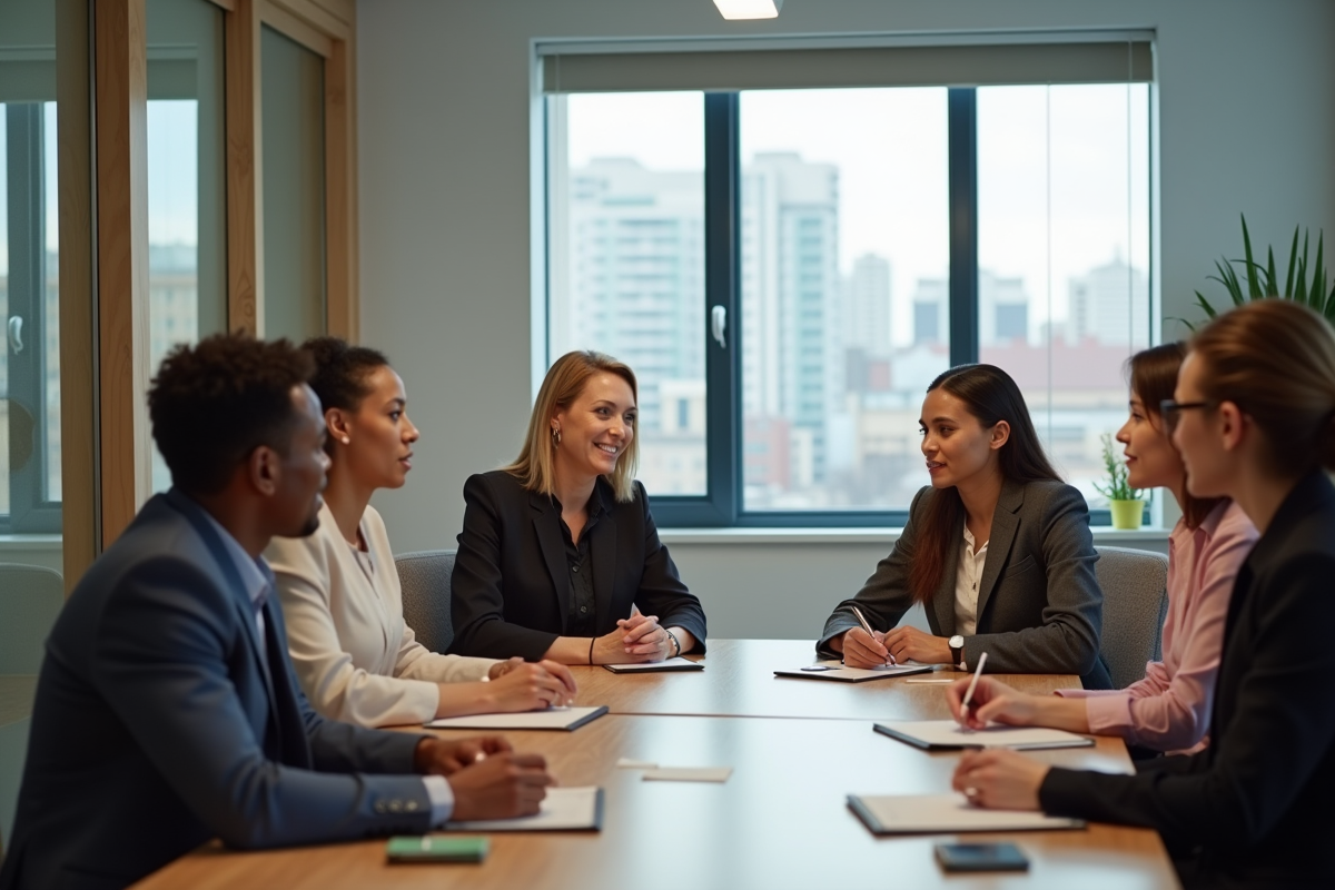 Groupe de professionnels en réunion dans un espace de coworking