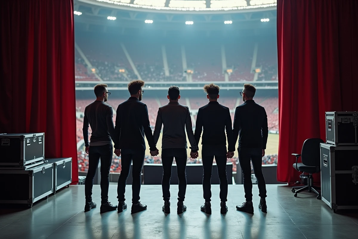 Groupe de rock en backstage avant un concert dans une arena moderne