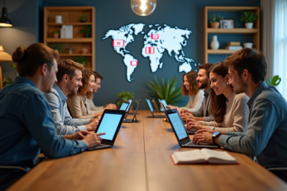 Groupe diversifié utilisant des appareils avec langues variées