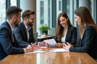 Groupe de professionnels en réunion dans un bureau moderne