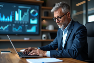 Homme d'affaires en costume travaillant sur un ordinateur dans un bureau moderne