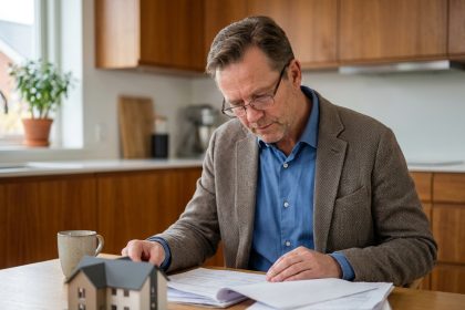 Homme d'affaires en cuisine examinant des papiers