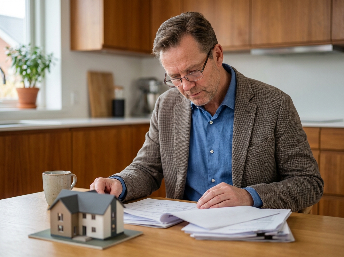 Homme d'affaires en cuisine examinant des papiers
