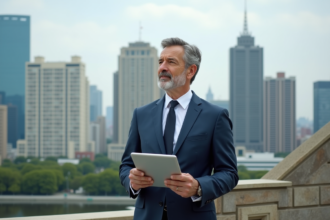 Homme d'affaires confiant dans un costume devant la ville