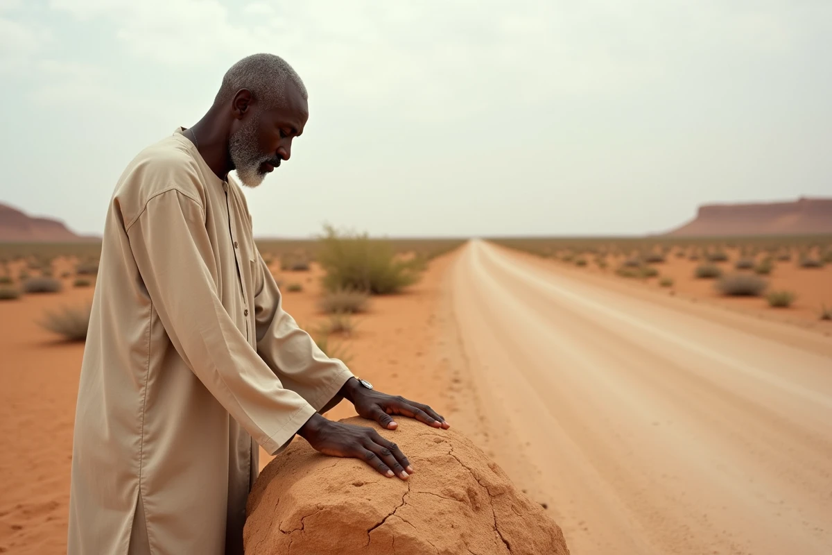 Homme âgé pratiquant le tayammum sur une roche plate en plein désert aride