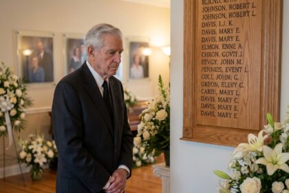 Homme agee en costume respectueux devant plaque funeraire
