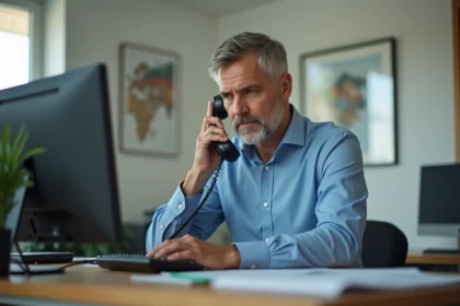 Homme d'âge moyen écoute un message vocal au bureau