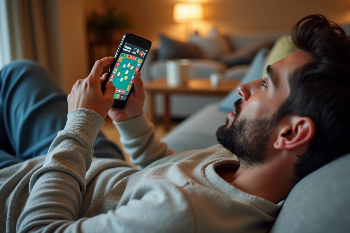 Homme allongé sur un canapé consultant les liens de dés gratuits Monopoly Go du jour sur son téléphone