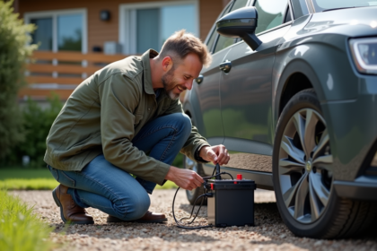 Homme connectant un panneau solaire à une voiture dans la cour