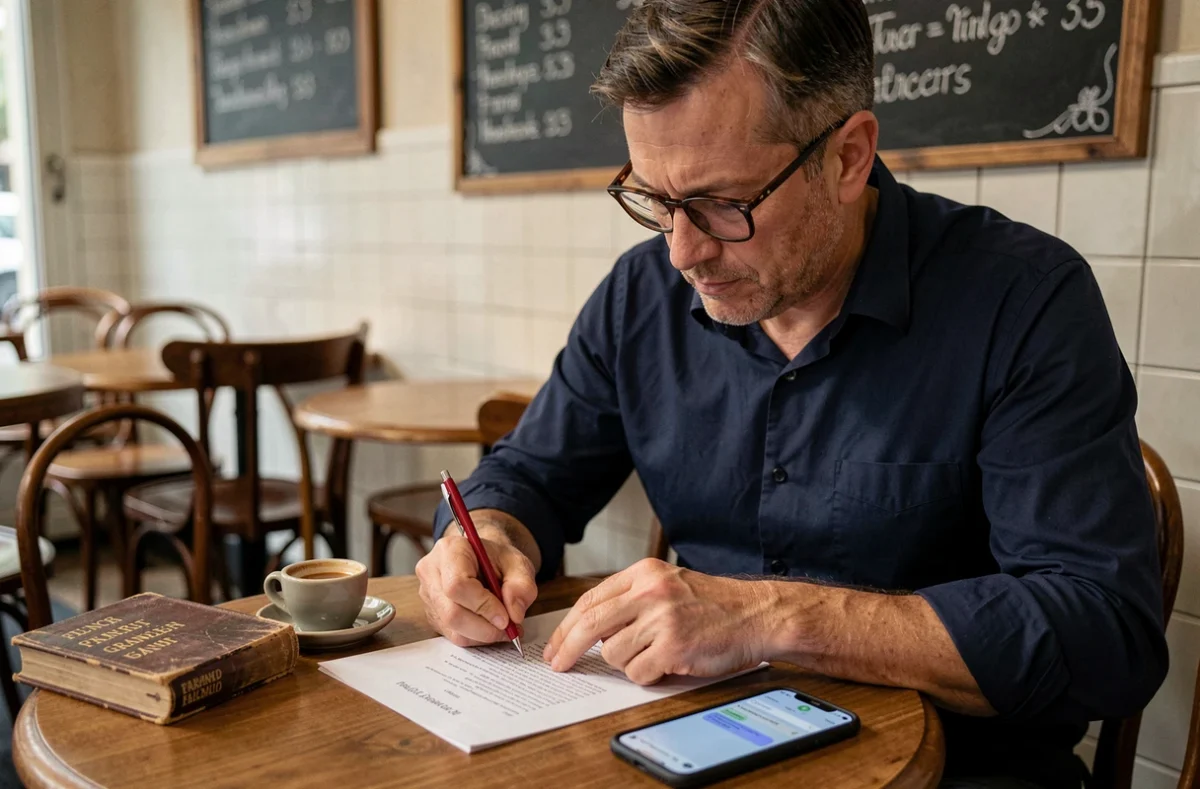 Homme corrigeant un document imprimé dans un café parisien, illustrant la révision orthographique des expressions françaises courantes