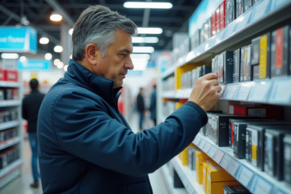 Homme espagnol vérifiant prix cartouches d'imprimante en magasin