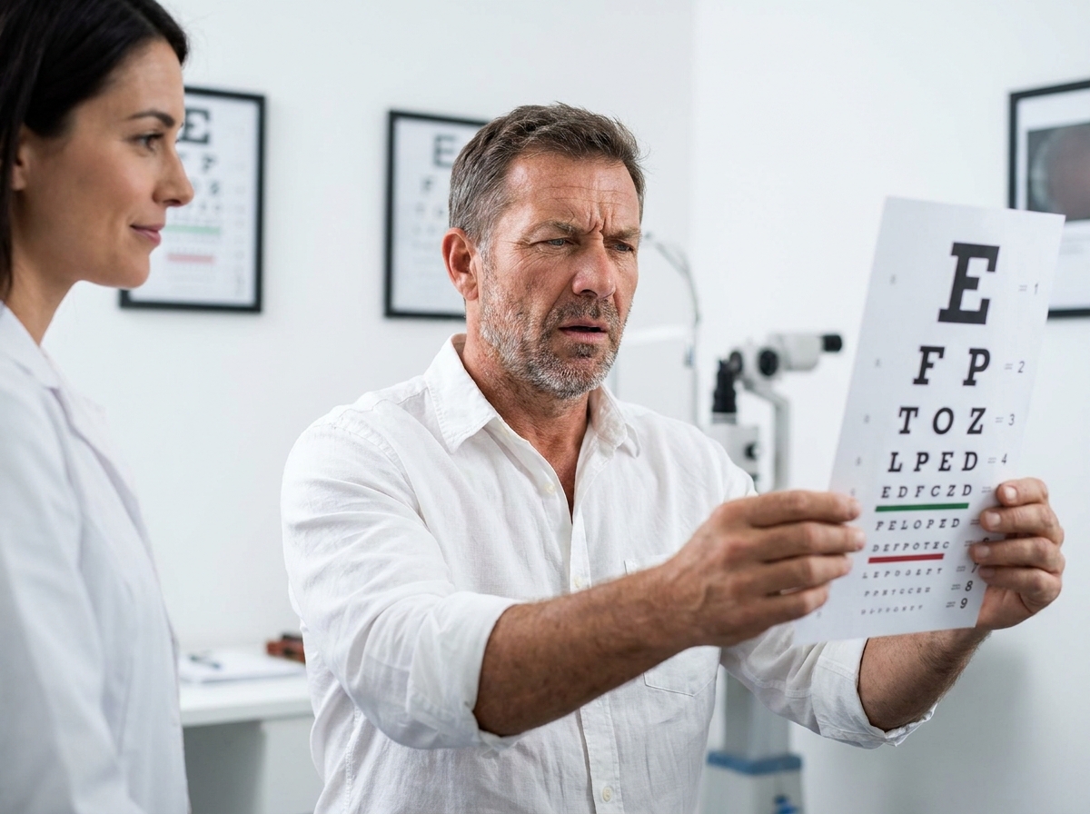 Homme d'âge mûr lors d'un examen de la vue chez l'opticien, tenant un tableau optique et réalisant qu'il voit mal