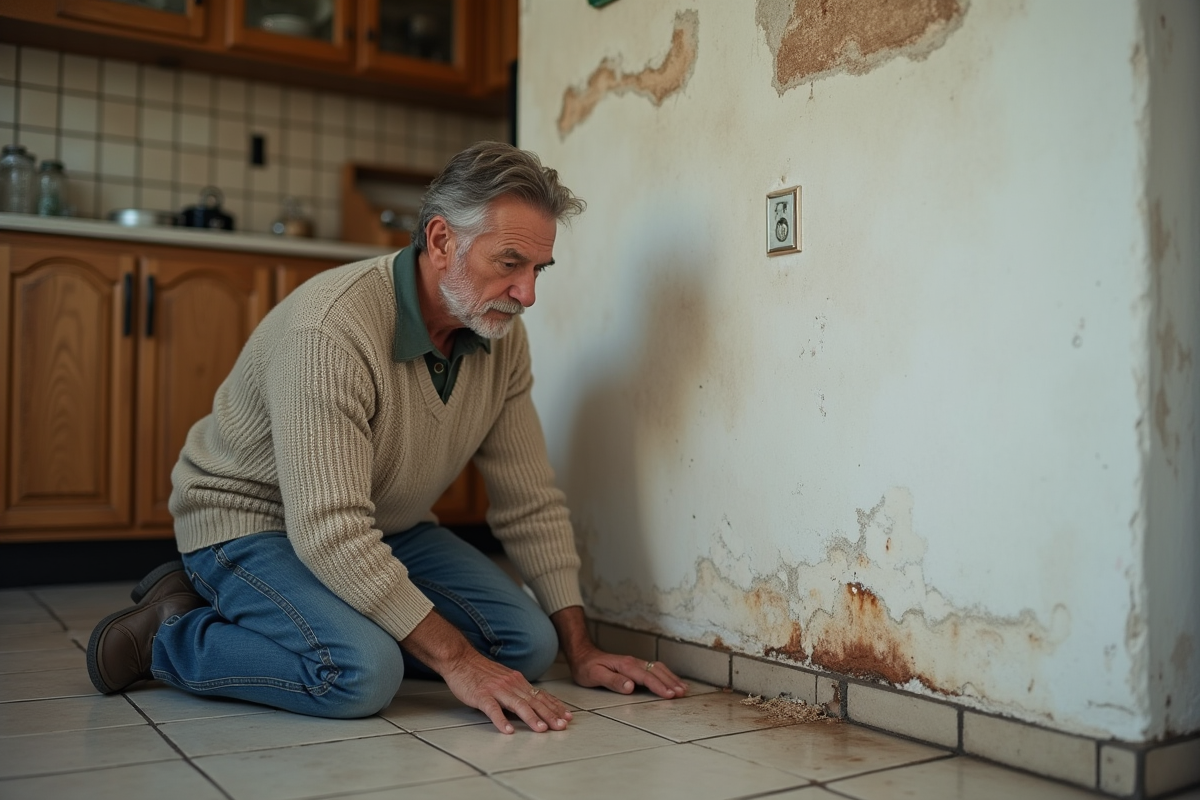 Homme regardant une tache de salpêtre sur un mur intérieur