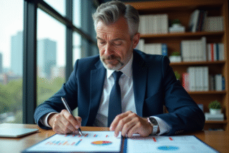 Homme d'âge moyen en costume bleu analyse des graphiques financiers