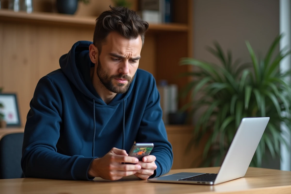 Homme frustré tentant d'accéder au Club des magnats sur Monopoly Go depuis son smartphone