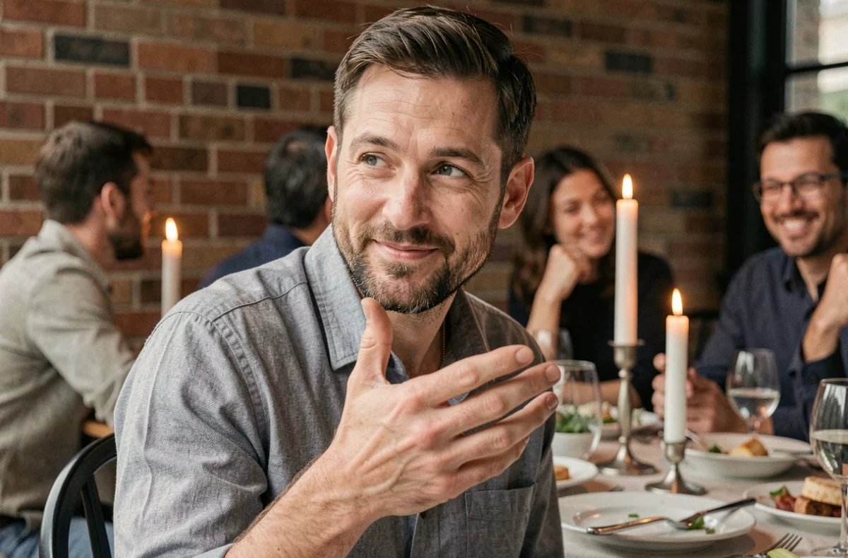 Homme choisissant ses mots avec précaution avant de raconter une blague d'humour noire lors d'un dîner