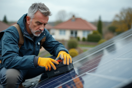 Homme en vêtements outdoor connectant des batteries solaires sur un toit