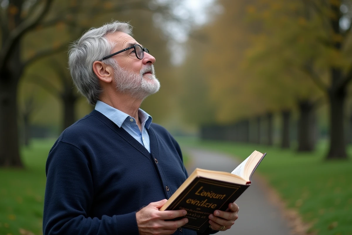 Homme regardant le ciel étoilé dans un parc avec un livre sur les étoiles