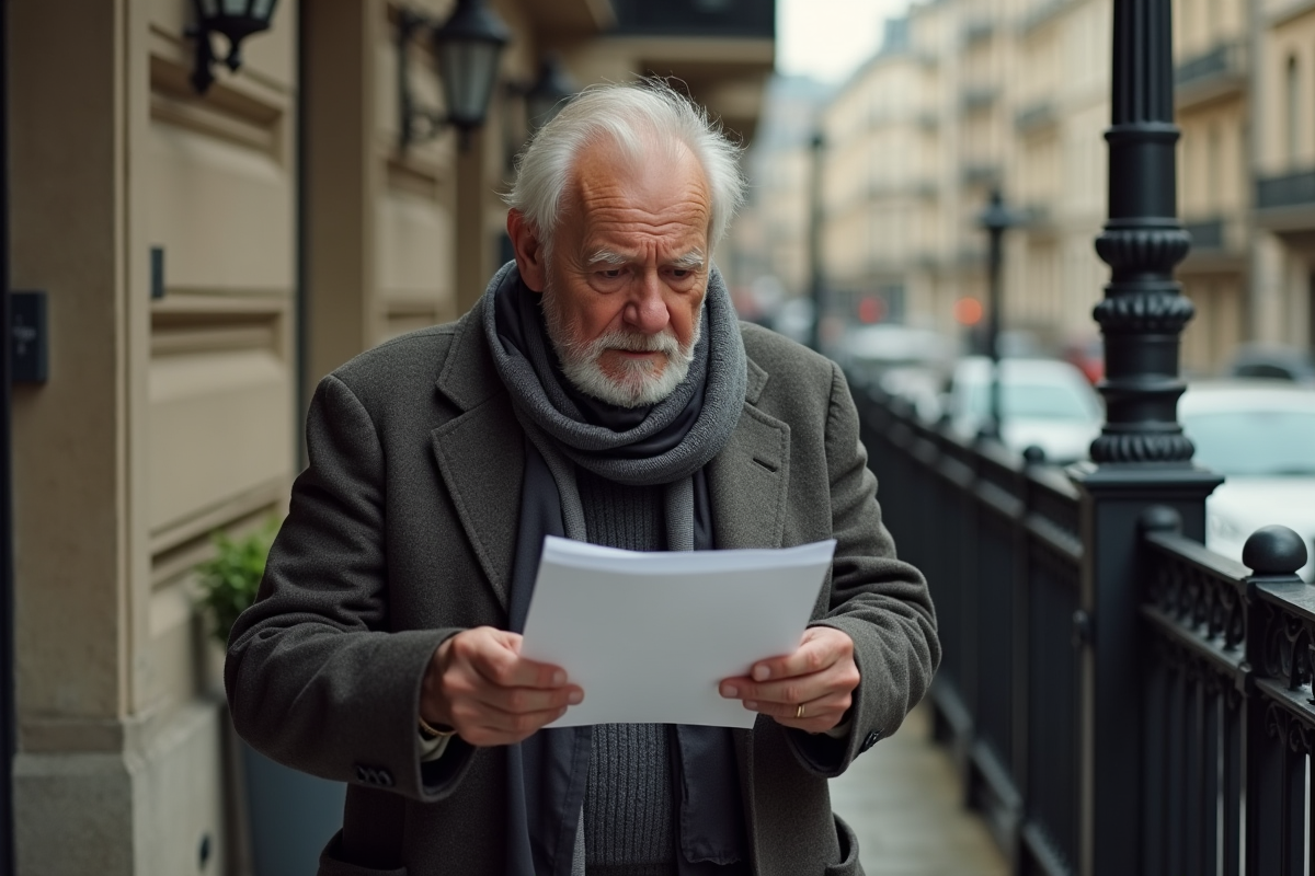 Homme âgé lit une lettre devant un immeuble français