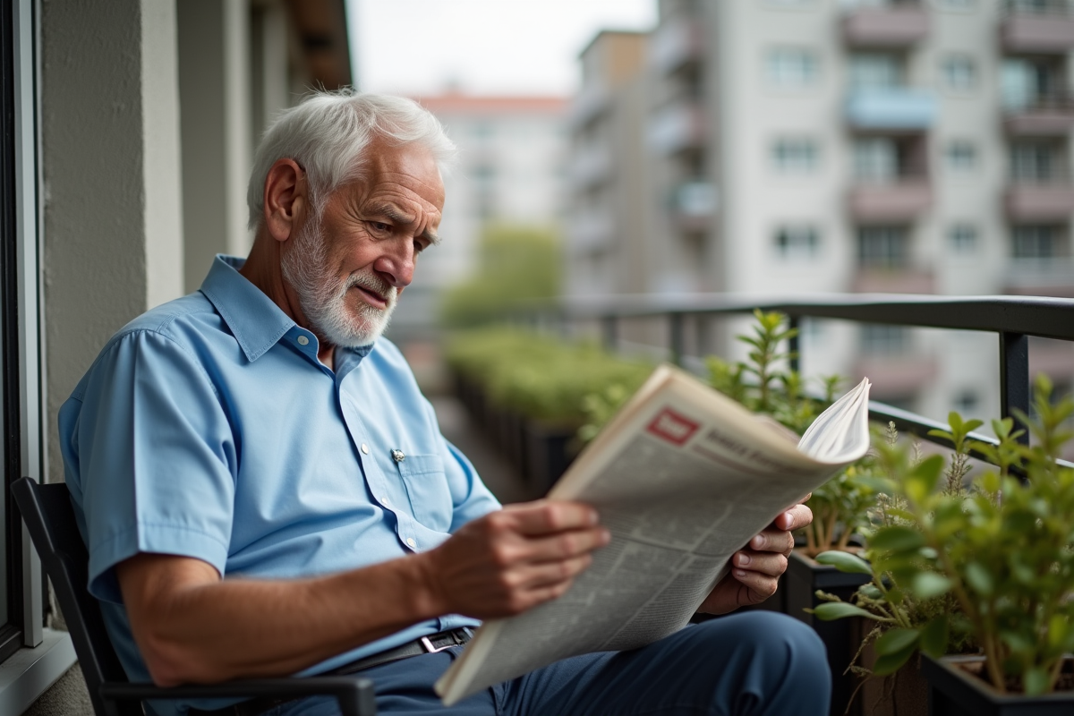 Homme âgé lisant un journal sur son balcon en Europe