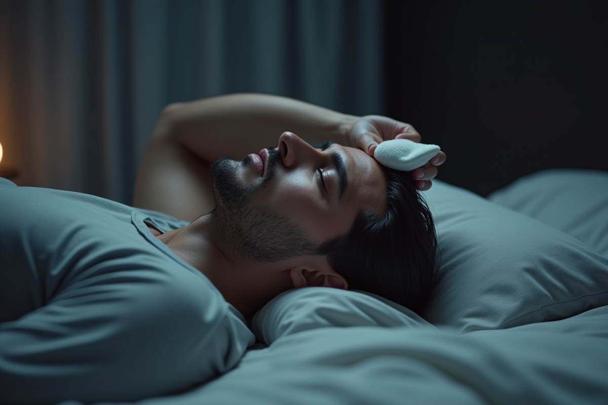 Homme malade avec compresse sur le front au lit