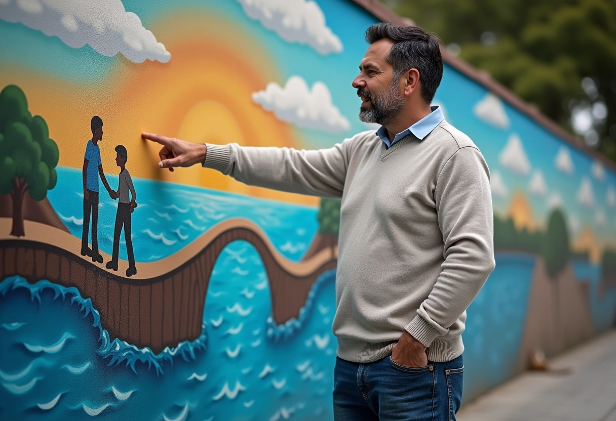 Homme pointant vers un mural urbain représentant un voyage métaphorique