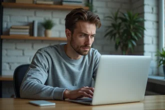 Homme consultant les paramètres de confidentialité sur son ordinateur portable dans un bureau à domicile