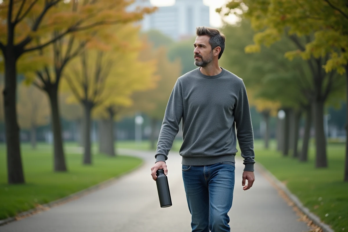 Homme marche dans un parc urbain verdoyant en pleine nature
