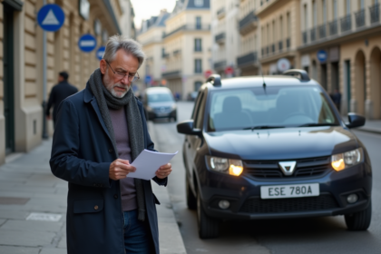 Homme d'âge moyen lisant un document devant sa voiture diesel à Paris
