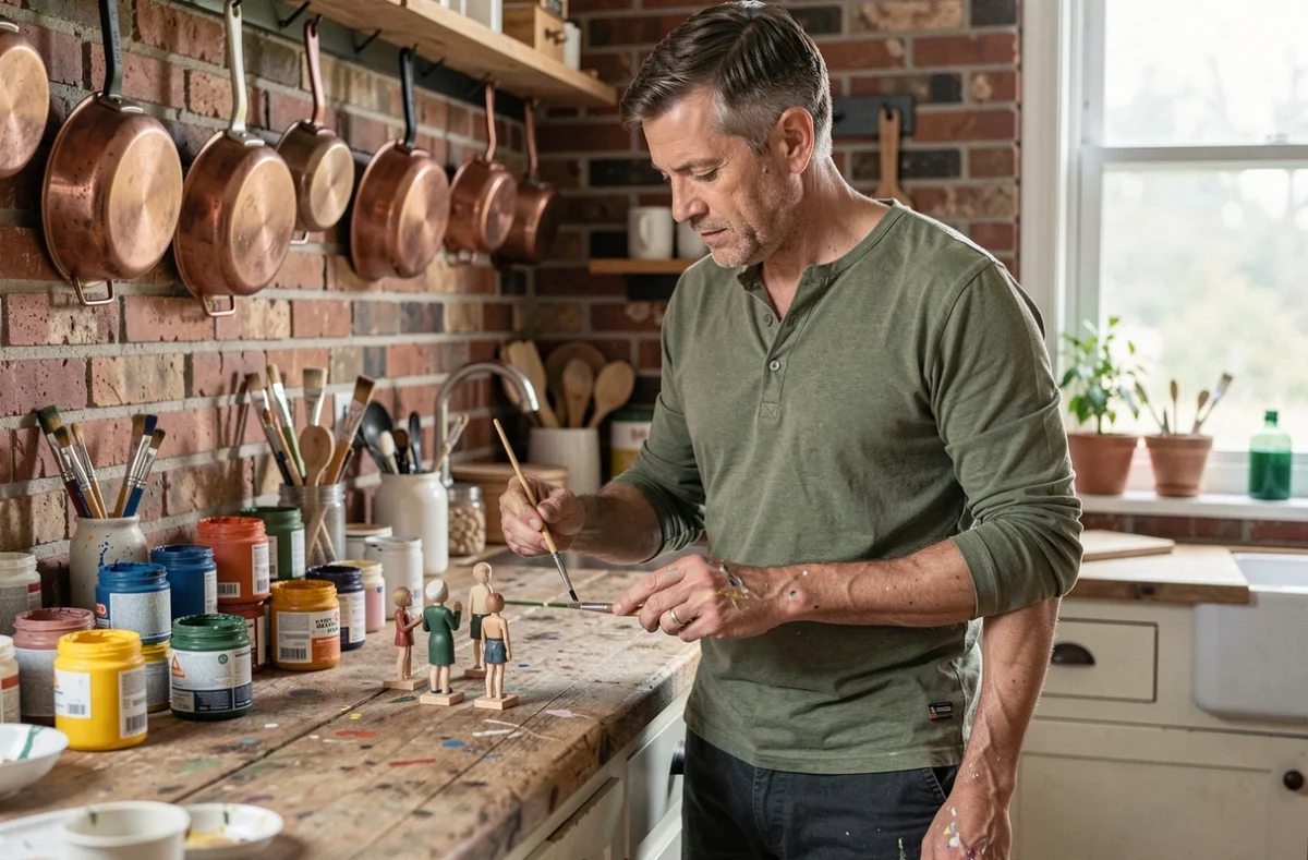 Homme concentré peignant des figurines en bois dans une cuisine rustique comme activité créative contre le stress