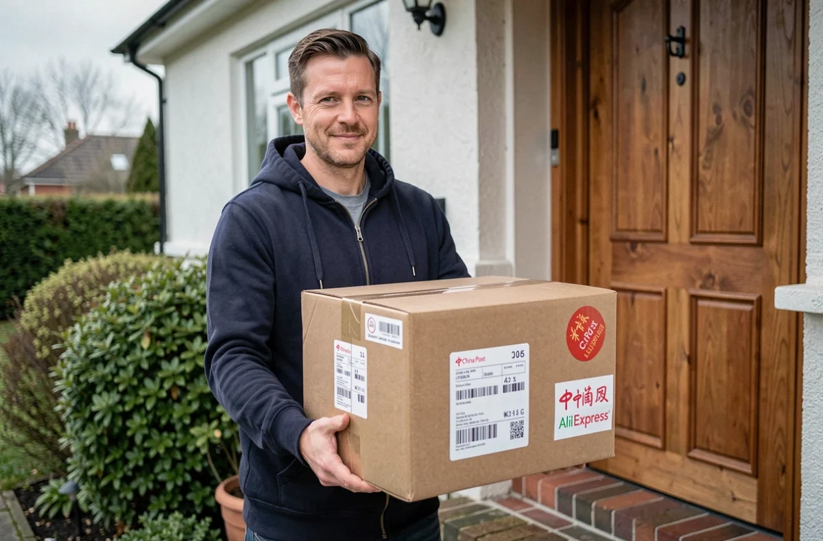 Homme recevant un colis AliExpress avec étiquette de suivi China Post à la porte de sa maison
