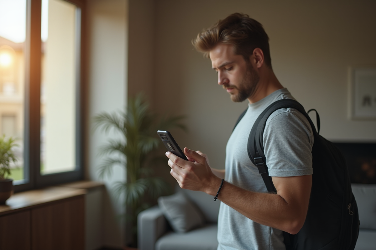 Homme cherchant son sac dans un salon avec l app Rabbit Finder