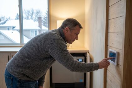 Homme d'âge moyen réglant le thermostat dans un salon moderne