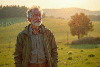 Homme d'environ 50 ans dans un paysage rural ensoleille