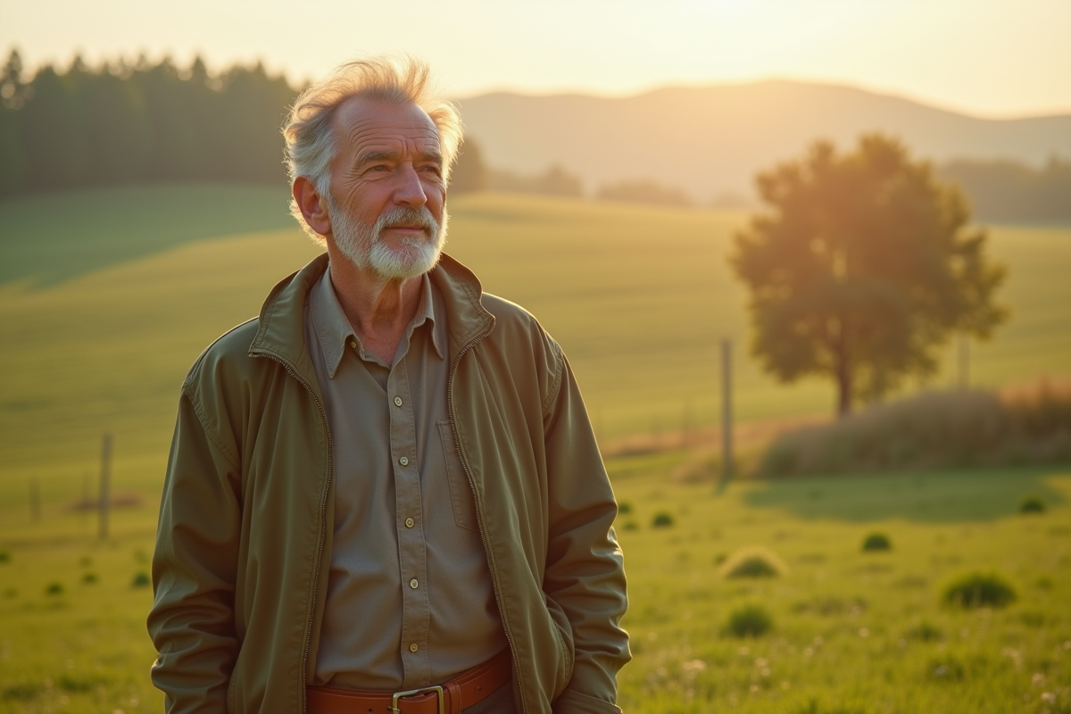 Homme d'environ 50 ans dans un paysage rural ensoleille
