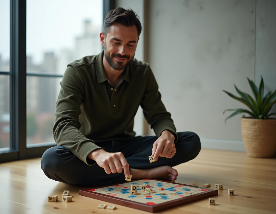 Homme souriant jouant au Scrabble par terre dans un appartement moderne avec des lettres à haute valeur sur le plateau