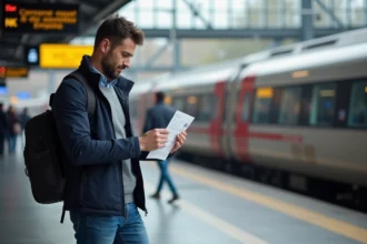 Homme comparant billet de train et contrat de location voiture