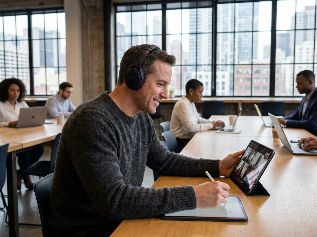 Homme en coworking suivant une formation en ligne avec tablette