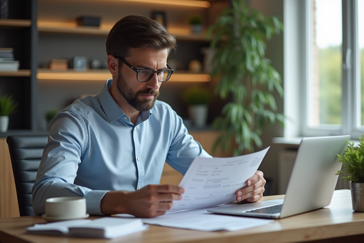 Homme d'affaires en bureau moderne analysant des documents financiers