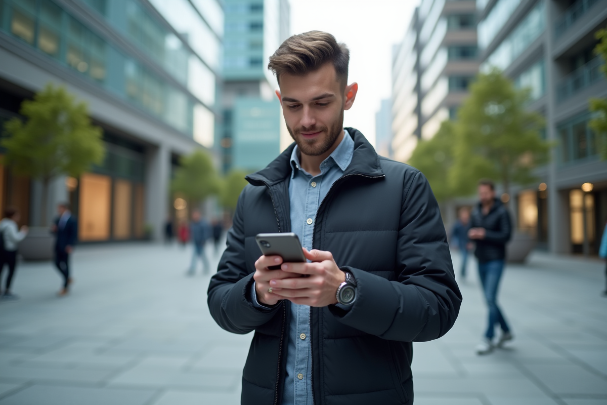 Jeune homme vérifiant une transaction blockchain sur smartphone en ville
