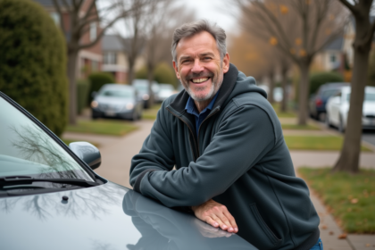 Homme souriant avec voiture d'occasion en driveway