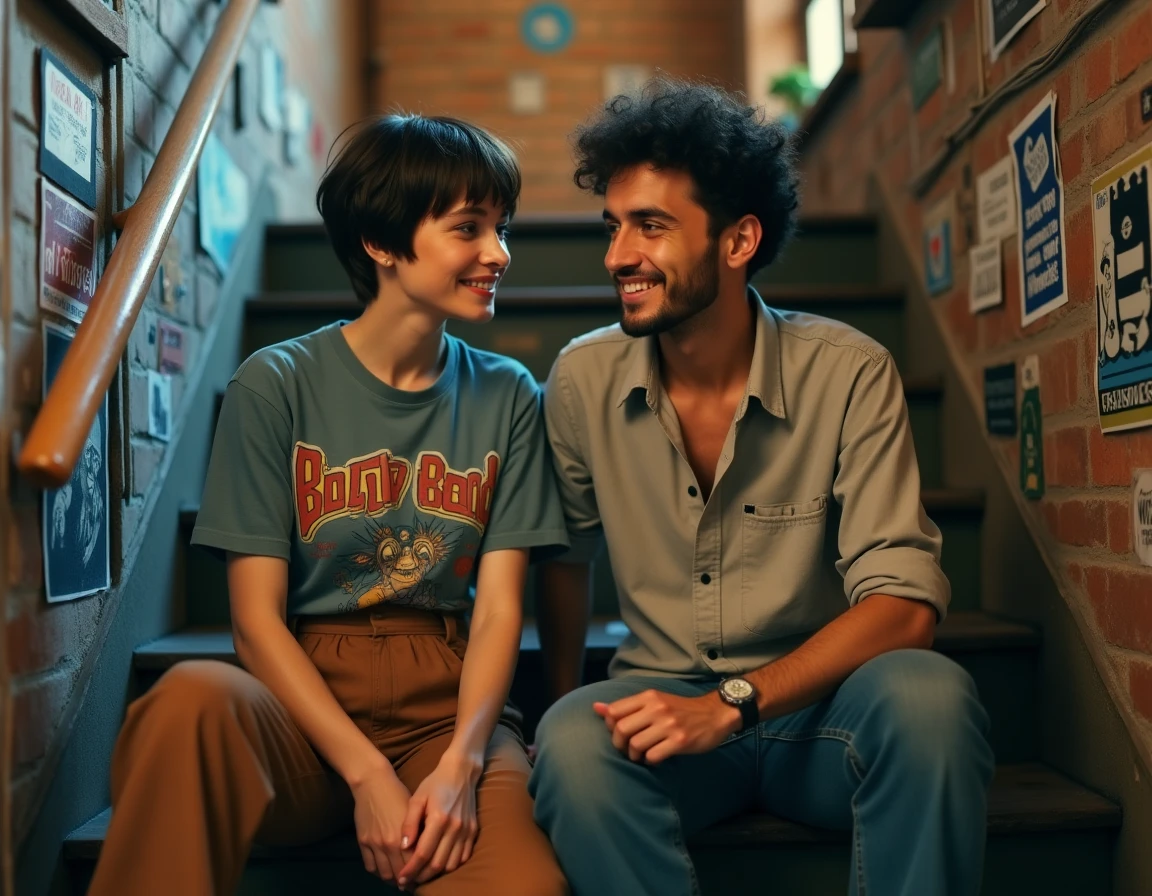Deux membres de Hyphen Hyphen en coulisses discutant avant un concert sur un escalier vintage décoré d'autocollants