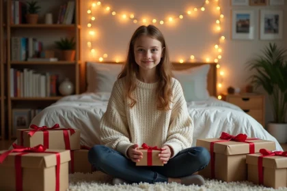 Adolescente de 16 ans découvrant ses cadeaux de Noël entourée de paquets enveloppés dans du papier kraft dans une chambre cosy