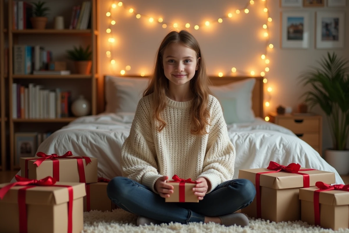 Adolescente de 16 ans découvrant ses cadeaux de Noël entourée de paquets enveloppés dans du papier kraft dans une chambre cosy
