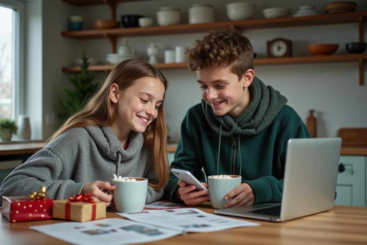 Deux adolescents de 16 ans cherchant des idées cadeaux de Noël sur ordinateur et smartphone autour d'une table de cuisine décorée pour les fêtes