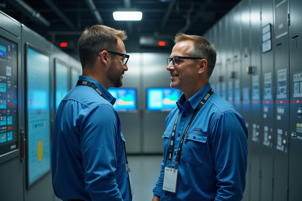 Deux techniciens en contrôle d energie dans une salle hightech